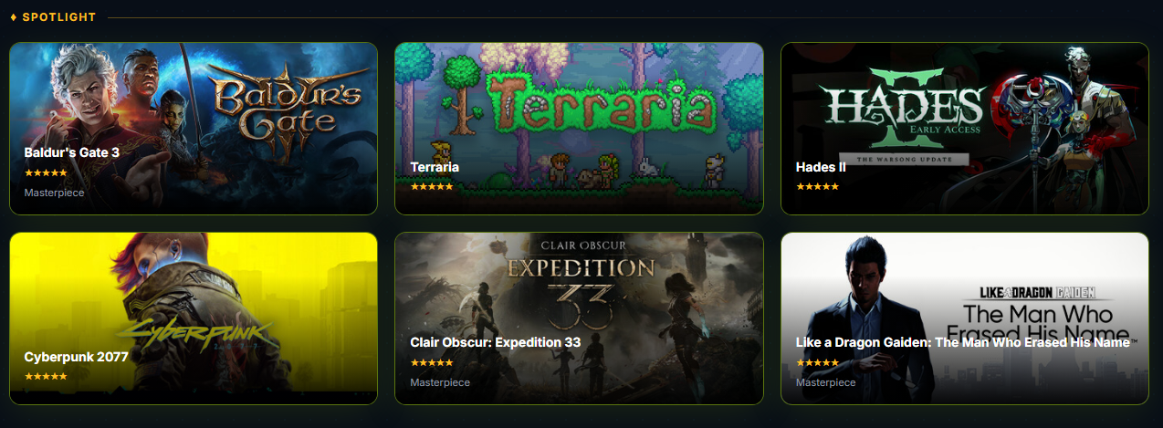 Spotlight feature showing pinned favourite games with drag and drop